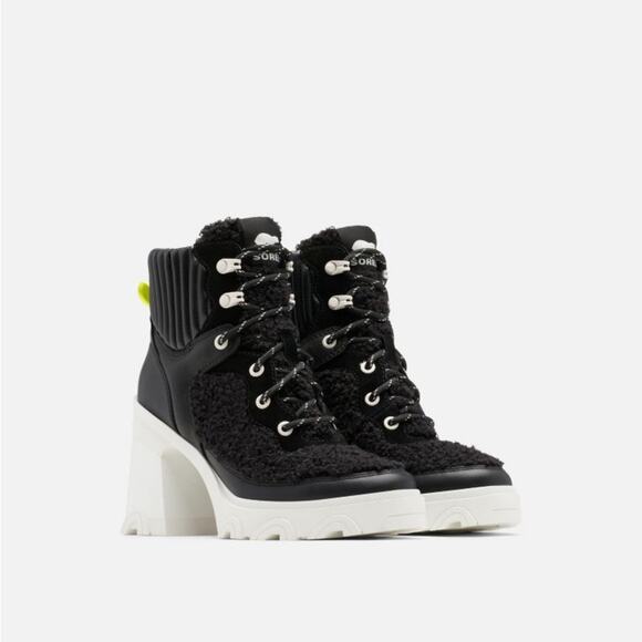 Sorel Brex Heel Black Leather White Cozy Sherpa Lace Up Bootie 7.5 - Picture 1 of 10